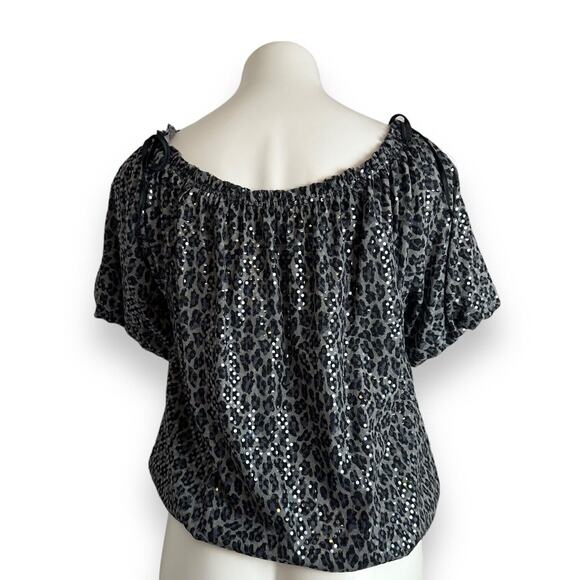 Express Top Sz M Animal Leopard Print Sequins Black Gray Mob Wife Y2K Glam Rock - Picture 4 of 13
